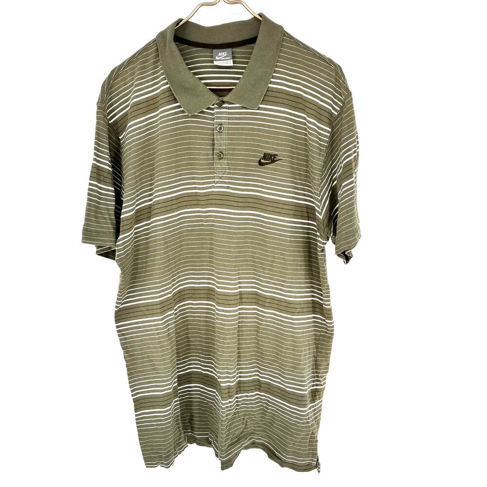 Vintage 90s Nike Sportswear Polo Shirt Olive Green White Stripe Men's XL Cotton